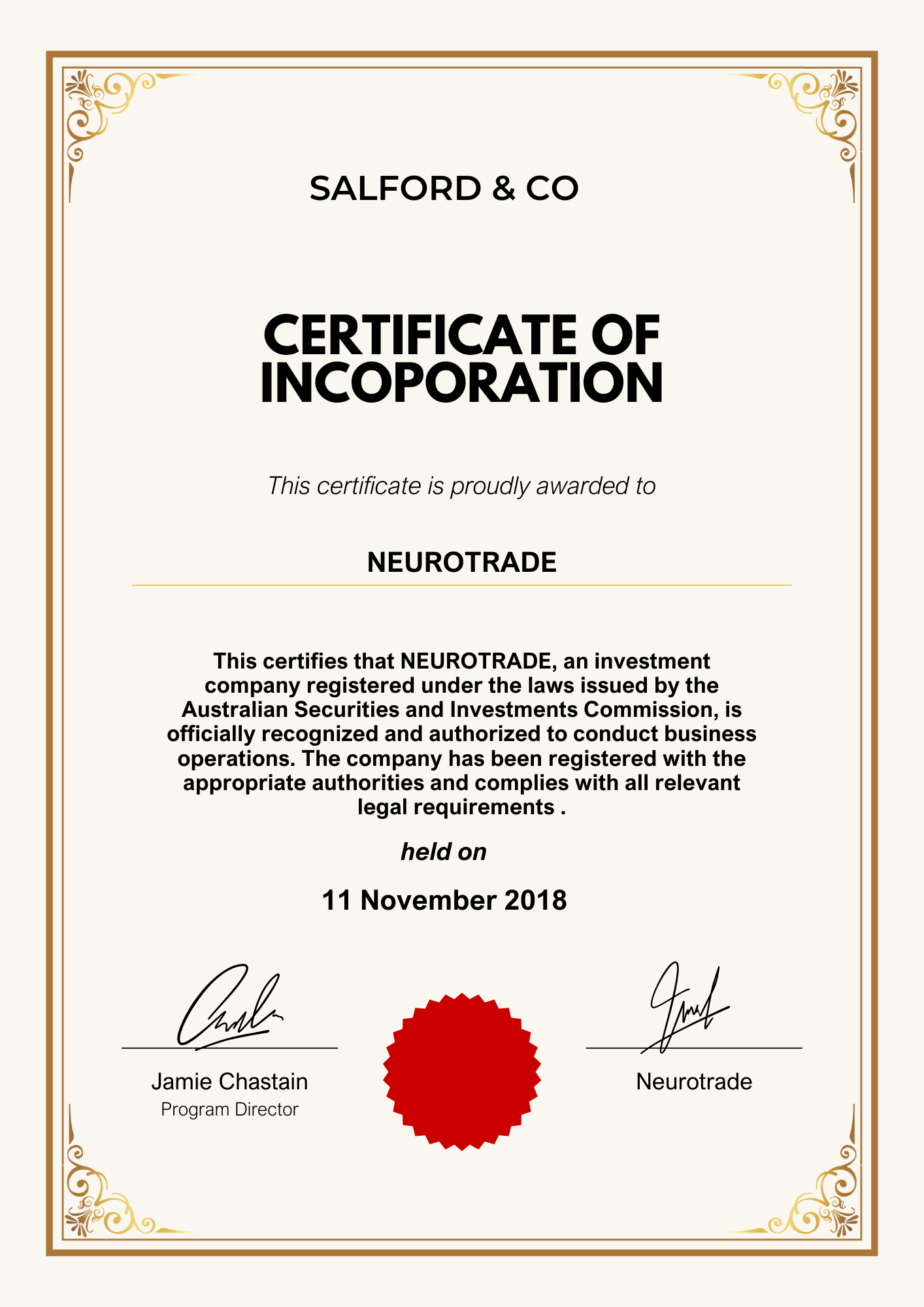 Official Company Certificate